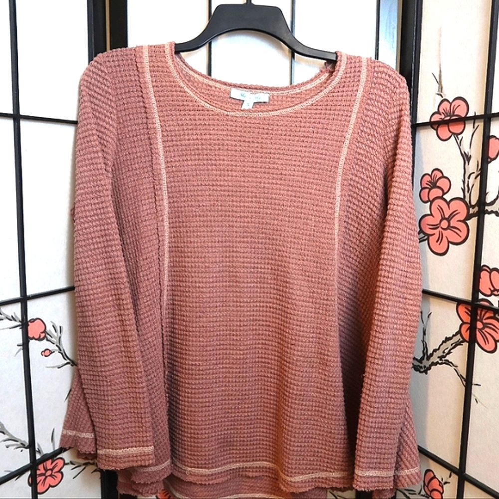 She + Sky Rust Powder Pink Oversized Baggy Waffle Knit Crew Neck Sweater Small